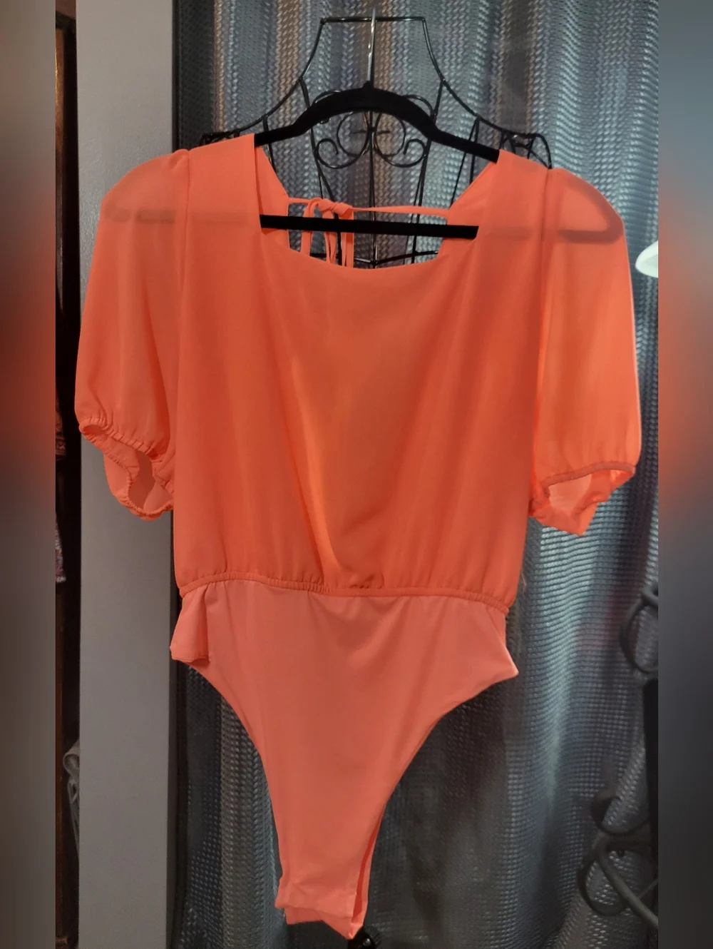 Coral Puff-Sleeve One-Piece Bodysuit with Back Tie - Picture 1 of 4